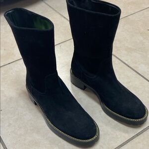 Stuart Weitzman Kolbie Chelsea Black Suede Boots with Gold Trim